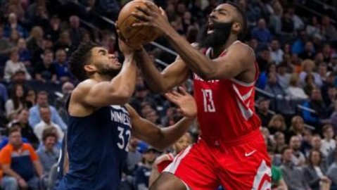 哈登三双收官+三分雨浇灭唐斯双20 火箭123-118送森林狼六连败